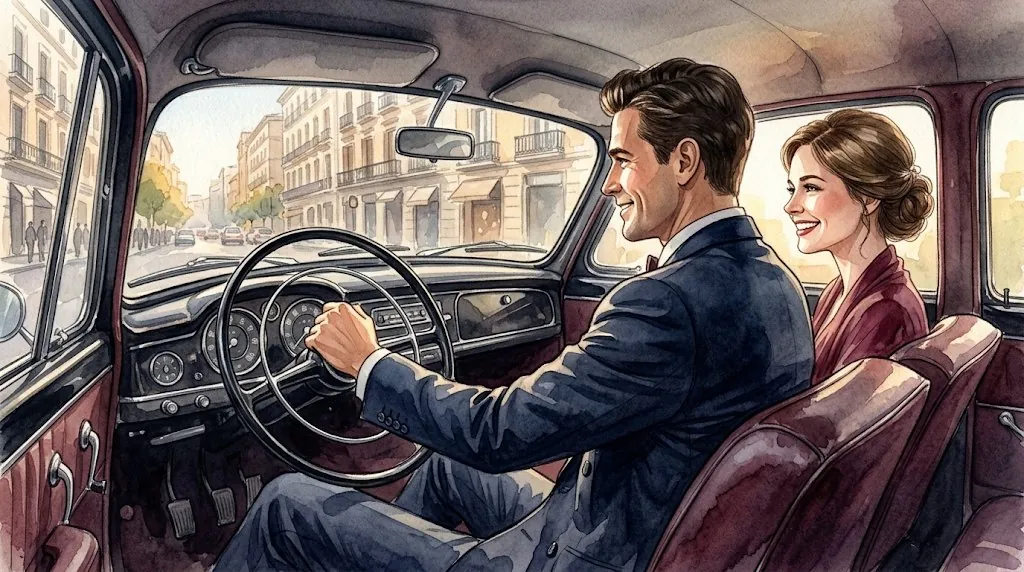 Ilustración en acuarela: los novios sonríen dentro de un coche clásico por una calle de Madrid