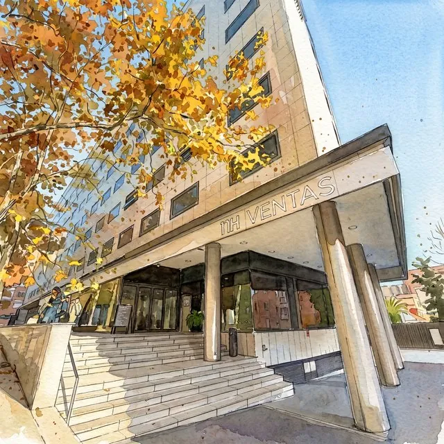 Acuarela de la entrada del Hotel NH Madrid Ventas