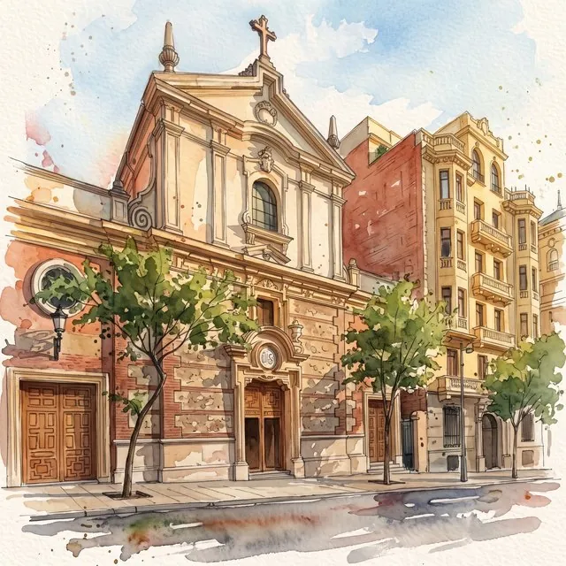 Acuarela de la fachada de la Parroquia Santísimo Cristo de la Salud, en la calle de Ayala