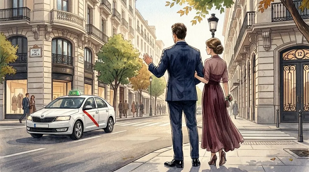 Ilustración en acuarela: una pareja vestida de boda para un taxi libre en la calle de Ayala, frente al número 12